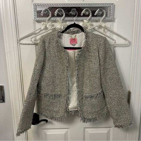 Kate Spade Gray Tweed Metallic Blazer with Fringe Trim - Picture 2 of 11